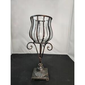 Tall Caged Glass Hurricane Candle Holder – 15.5” Industrial Rustic